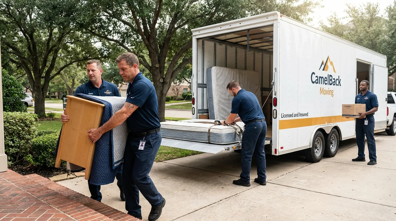 Crew loading residential truck for cross-state move from Pierce, NE