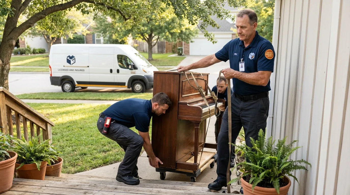 Licensed piano movers securing grand piano in Pierce, NE